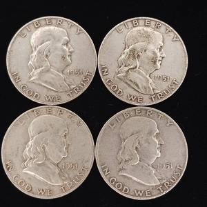 lot 218 image: 1951 90% Silver Franklin Half Dollars - 4 Coins Total � Two Dollars Face Value � Tax Exempt Constitutional Currency