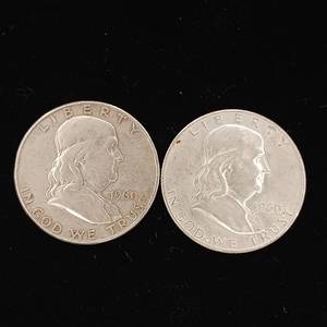 lot 224 image: 1960 90% Silver Franklin Half Dollars - 2 Coins Total � One Dollar Face Value � Tax Exempt Constitutional Currency