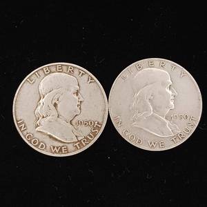 lot 227 image: 1950 90% Silver Franklin Half Dollars - 2 Coins Total � One Dollar Face Value � Tax Exempt Constitutional Currency