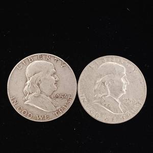 lot 230 image: 1954 90% Silver Franklin Half Dollars - 2 Coins Total � One Dollar Face Value � Tax Exempt Constitutional Currency