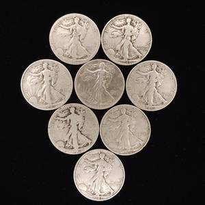 lot 236 image: Mixed Lot 90% Silver Walking Liberty Half Dollars - 8 Coins Total � 4 Dollar Face Value � Tax Exempt Constitutional Currency