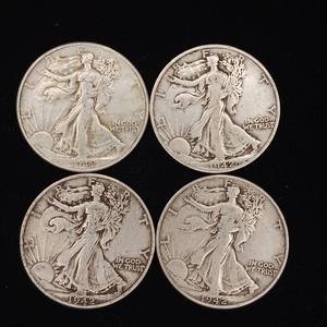lot 241 image: 1942 90% Silver Walking Liberty Half Dollars - 4 Coins Total � 2 Dollars Face Value � Tax Exempt Constitutional Currency