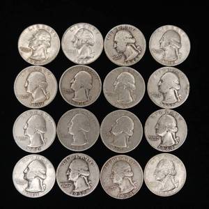 lot 242 image: 90% Silver Washington Quarters - 16 Coins Total Mixed Years� 4 Dollars Face Value � Tax Exempt Constitutional Currency