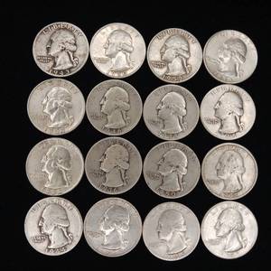 lot 246 image: 90% Silver Washington Pre-1965 Quarters - 16 Coins Total Mixed Years� 4 Dollars Face Value � Tax Exempt Constitutional Currency