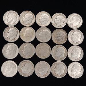 lot 245 image: Lot of 90% Silver Dimes - 20 Coins Total � 2 Dollars Face Value � Tax Exempt Constitutional Currency