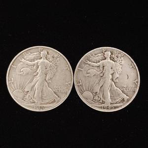 lot 258 image: 1945 90% Silver Walking Liberty Half Dollars - 2 Coins Total � One Dollar Face Value � Tax Exempt Constitutional Currency