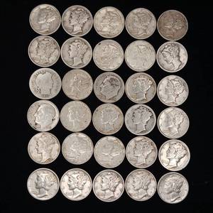 lot 272 image: Lot of 90% Pre-1965 Silver Dimes - 30 Coins Total � 3 Dollar Face Value � Tax Exempt Constitutional Currency � Roos Merc Barb