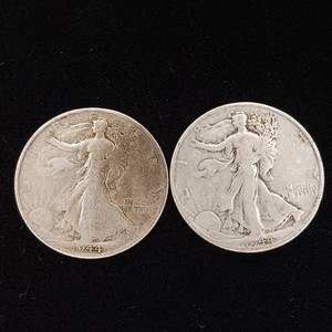 lot 271 image: 1944 90% Silver Walking Liberty Half Dollars - 2 Coins Total � One Dollar Face Value � Tax Exempt Constitutional Currency