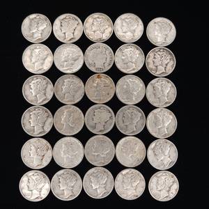 lot 267 image: Lot of 90% Pre-1965 Silver Dimes - 30 Coins Total � 3 Dollar Face Value � Tax Exempt Constitutional Currency � All Mercury  1 Barber