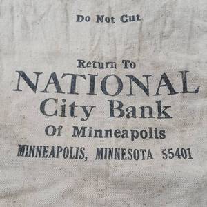 lot 289 image: 5 Inch by 13 inch canvas money bag  National City Bank of Minneapolis 55401
