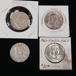 lot 277 image: Mixed Years 90% Silver Franklin Half Dollars - 4 Coins Total � Two Dollars Face Value � Tax Exempt Constitutional Currency