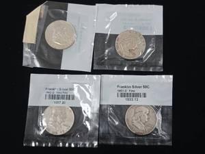 lot 279 image: Mixed Years 90% Silver Franklin Half Dollars - 4 Coins Total � Two Dollars Face Value � Tax Exempt Constitutional Currency