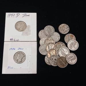 lot 282 image: 90% Silver Mercury Dimes - 20 Coins Total � 2 Dollars Face Value � Tax Exempt Constitutional Currency � Mixed Years
