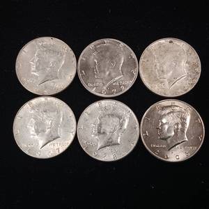 lot 285 image: Lot of Mixed Years Kennedy Half Dollars � 6 coins total � 3 dollars total Face Value -  Tax Exempt Constitutional Currency