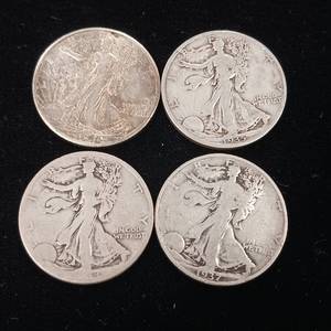 lot 286 image: Lot of Mixed Years 90% Silver Walking Liberty Half Dollars - 4 Coins Total � Two Dollar Face Value � Tax Exempt Constitutional Currency