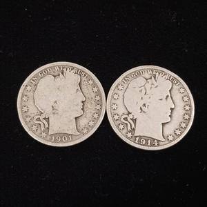 lot 288 image: 1914 Key Date Barber Half Dollar Plus 1901 Barber Half Dollar � Tax Exempt Constitutional Currency � 2 coins total
