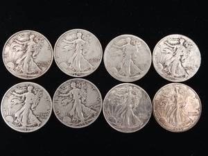 lot 294 image: Lot of 8 Coins � mixed years - 90% Silver Walking Liberty Half Dollars - Four Dollars Face Value � Tax Exempt Constitutional Currency