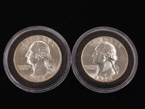 lot 303 image: 90% Silver Washington Pre-1965 Quarters - 2 Coins from 1964 in uncirculated condition � 1 Dollar Face Value � Tax Exempt Constitutional Currency