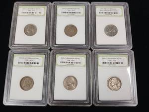 lot 307 image: International Numismatic Bureau � 6 total Early Jefferson Nickels in cases � Tax Exempt Constitutional Currency