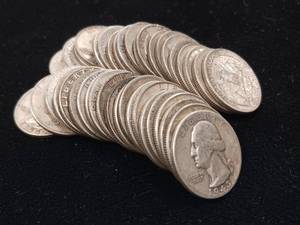 lot 308 image: Roll of 90% Silver Washington Pre-1965 Quarters - 40 Coins Total Mixed Years� 10 Dollars Face Value � Tax Exempt Constitutional Currency � unsorted