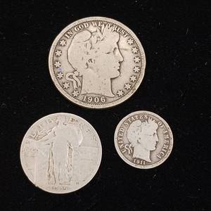 lot 309 image: Lot of Barber Coins � 1 Half Dollar � 1 Quarter � 1 Dime � Tax Exempt 90% Silver