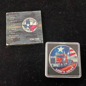 lot 324 image: 2023 (500 made) 1 OZ Pure .999% Silver Texas Strong in original Case � Gods Army � Tax Exempt