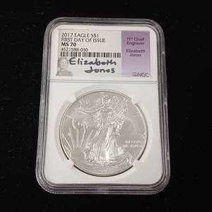 lot 328 image: MS70 � Elizabeth Jones 2017 First Day of Issue Silver Eagle - 99.9% pure silver� One Troy Ounce  - Like new uncirculated TAX EXEMPT � Bright and detailed
