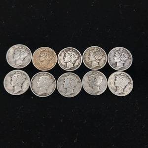 lot 337 image: Lot of 10 90% Silver Mercury Dimes Mixed Years � Tax Exempt