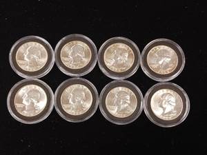 lot 347 image: Pristine 1964 90% Silver Washington Quarters � 8 Coins Total  � Tax Exempt Constitutional Currency - Coins Total in nice display protective cases