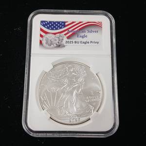 lot 349 image: 2025 BU Eagle Privy  American Eagle One Ounce Silver Proof Coin � US Mint � Pristine � Tax Exempt � In original box