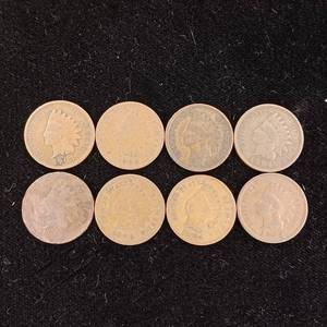 lot 355 image: 8 Indian Head pennies � USA � Tax Exempt � Mixed years between 1859-1906 in fair condition