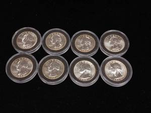 lot 362 image: Bright and detailed 1964 90% Silver Washington Quarters � 8 Coins Total  � Tax Exempt Constitutional Currency - Coins Total in nice display protective cases
