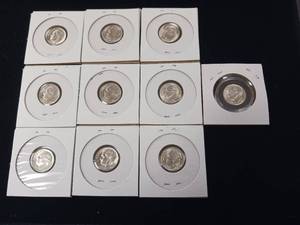 lot 363 image: Lot of 1959 Bright and Shiny detailed 90% Silver Roosevelt Dimes � 10 coins total in protective sleeves � 1 dollar face value � tax exempt