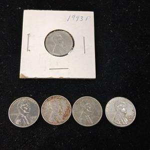 lot 373 image: Lot of 5 Coins � War Time Steel Lincoln Pennies � Tax Exempt