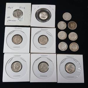 lot 375 image: Lot of 14 90% Silver Roosevelt Dimes � Mixed Years � Some Uncirculated � Tax Exempt � 14 coins total