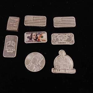 lot 378 image: One Gram Pan Silver Co.  .999% Pure Silver Bullion Bars � 8 bars total � 8 grams total � includes Daddy Buffalo Indian Flag � tax exempt
