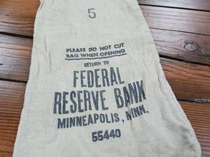 lot 383 image: 8 x 17 Inch canvas money bag � to put all your winnings in  Federal Reserve Bank #5
