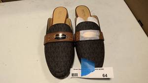 lot 64 image: Michael kors MK plate mules in brown signature print size 7.5