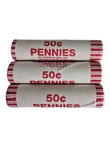 lot 13 image: 2024- D  3 rolls of uncirculated pennies from a bank box