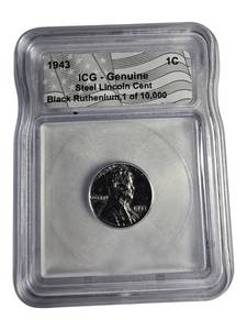 lot 14 image: 1943 IGC Genuine Steel Lincoln Cent - Black Ruthenium Finish, Graded 1 of 10,000.