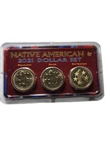 lot 29 image: 2021 Native American $3 Coin Set - Includes P, D, and S Mint coins. Uncirculated collection