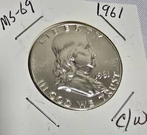 lot 62 image: 1961 Franklin Half Dollar - Grade MS-69, Clockwise Orientation