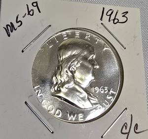 lot 66 image: 1963 Franklin Half Dollar, graded MS-69, CC