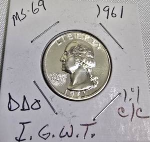 lot 75 image: 1961 George Washington Quarter - MS-69, DDO,  I.G.W.T ,CC