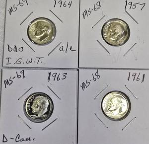 lot 86 image: Lot of 4 Dimes 1957, 1961, 1963, and 1964 with different grades and other defects. Please review below.