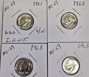 lot 87 image: Lot of 4 Dimes 1961 & 1963 with different grades and other defects. Please review below.