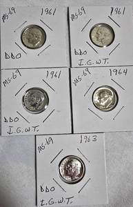 lot 88 image: Lot of 5 Dimes 1961, 1963 & 1964  with different grades and other defects. Please review below.