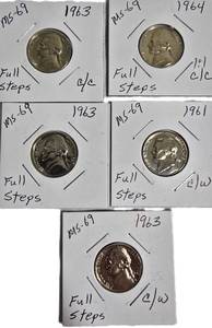 lot 89 image: Lot of 5 Nickels 1961, 1963  & 1964 with different grades and other defects. Please review below.