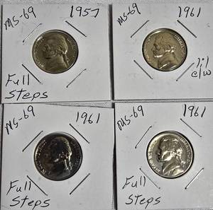 lot 90 image: Lot of 4 Nickels 1957 & 1961  with different grades and other defects. Please review below.