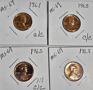 lot 92 image: Lot of 4 Pennies 1961 & 1963 with different grades and other defects. Please review below.